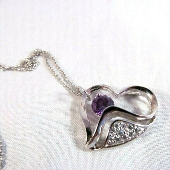 Sterling Silver Amethyst and Rhinestone Heart Pendant Necklace - Picture 9 of 12